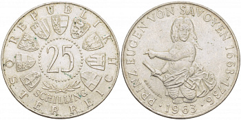 Австрия 25 шиллингов 1963 300 лет со дня рождения Евгения Савойского KM 2893 серебро aUNC 00-00