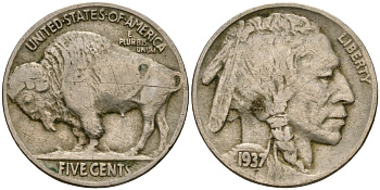 США 5 центов 1937 индеец, бизон KM 134 медно-никель 4529-916