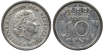 Нидерланды 10 центов 1973 Юлиана (1948-1980) KM 182 никель 4124-466