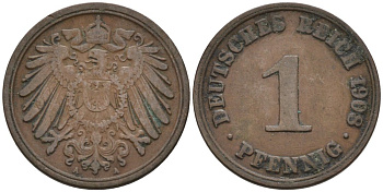 Германия 1 пфенниг 1908 A KM 10, J. 10 медь 4567-1255