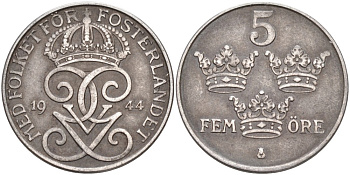 Швеция 5 эре 1944 Густав V (1907-1950) KM 812 железо 4557-713