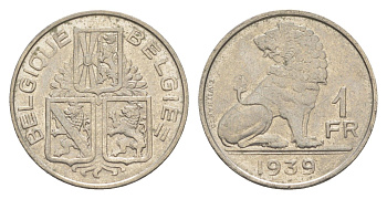 Бельгия 1 франк 1939 Belgique - Belgie, Леопольд III (1934-1947) KM 119 никель 4619-1047