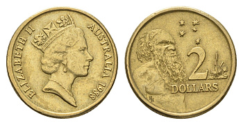 Австралия 2 доллара 1988 абориген, Елизавета II (1952-2022) KM 101 алюминиевая бронза 95-1024