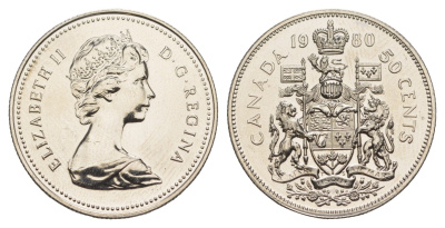 Канада 50 центов 1980 Елизавета II (1952-2022), герб KM 75 никель PROOF-LIKE (BU) 4631-1013