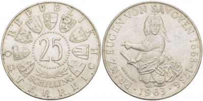 Австрия 25 шиллингов 1963 300 лет со дня рождения Евгения Савойского KM 2893 серебро aUNC 00-00