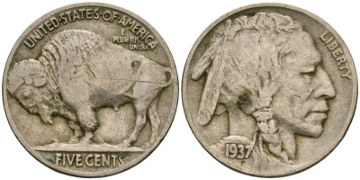 США 5 центов 1937 индеец, бизон KM 134 медно-никель 4529-916