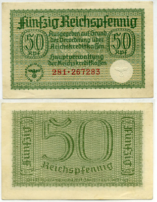 ГЕРМАНИЯ 50 РЕЙХСПФЕННИГОВ 1940-1945 ДЛЯ ОККУПИРОВАННЫХ ТЕРРИТОРИЙ Pick R135 бумага 3295-87-3-1