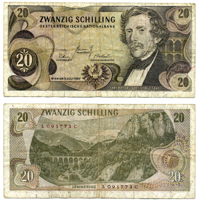 АВСТРИЯ 20 ШИЛЛИНГОВ 1967 (1968) 2 ИЮЛЯ 1967, КАРЛ РИТЕР фон ГЕГА Pick 142а бумага 7203-35-2-1