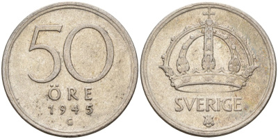 Швеция 50 эре 1945 G, Густав V (1907-1950) KM 817 серебро 4148-847