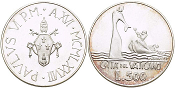 ВАТИКАН 500 ЛИР 1978 XVI ГОД, ПАВЕЛ VI (1963-1978), ИЕСУС СПАСАЕТ ЛЮДЕЙ В ЛОДКЕ, ПРОБА 835, ВЕС 11 ГР., ТИРАЖ 145000 ЭКЗ., ДИАМЕТР 29,3 ММ. KM 139 серебро 4512-823