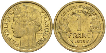 Франция 1 франк 1939 тип Морлон KM 885, LE FRANC 219.10 алюминиевая бронза 3853-153