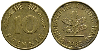 ФРГ 10 ПФЕННИГОВ 1988 F KM 108, J.383 сталь плакированная латунью 41-1134