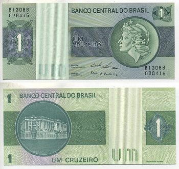 БРАЗИЛИЯ 1 КРУЗЕЙРО 1975 СЕРИЯ В 13066, ПОДПИСЬ 18, ГОЛОВА СВОБОДЫ Pick 191Ab бумага 7457-32-2