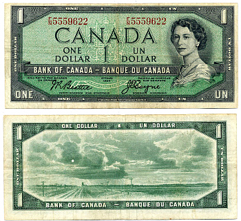Канада 1 доллар 1955-1961 подписи BEATTIE-COYNE, CBNC Pick 74a бумага 2197-1-3-2