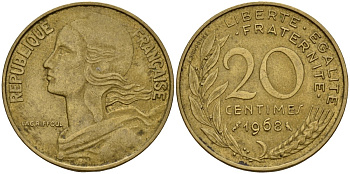 Франция 20 сантимов 1968 KM 929 алюминиевая бронза 4150-1144
