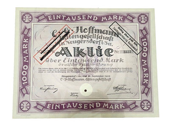 Германия облигация на 1000 марок 1922 компании Hoffman Mengesellschaft Neugersdorfiba бумага 5555-13