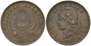 Аргентина 2 сентаво 1890 KM 33 бронза 92-137