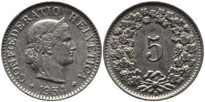 ШВЕЙЦАРИЯ 5 РАППЕНОВ 1954 В KM 26 медно-никель 96-1127