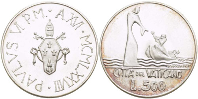 ВАТИКАН 500 ЛИР 1978 XVI ГОД, ПАВЕЛ VI (1963-1978), ИЕСУС СПАСАЕТ ЛЮДЕЙ В ЛОДКЕ, ПРОБА 835, ВЕС 11 ГР., ТИРАЖ 145000 ЭКЗ., ДИАМЕТР 29,3 ММ. KM 139 серебро 4512-823