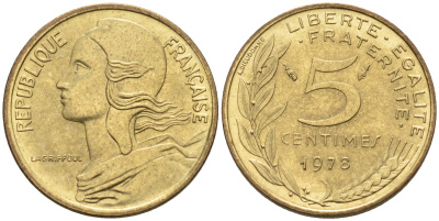 Франция 5 сантимов 1977 тип Марианна KM 933 никель алюминий медь    4594-1134