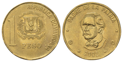 Доминиканская Республика (Доминикана) 1 песо 2002 KM 80.2 латунь UNC 4622-1212
