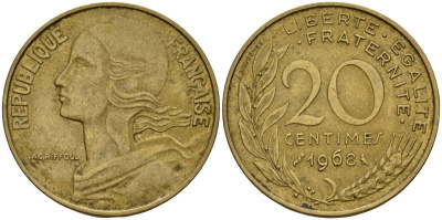 Франция 20 сантимов 1968 KM 929 алюминиевая бронза 4150-1144