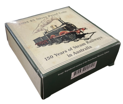 Австралия 5 долларов 2004 150 лет железным дорогам Австралии, в оригинальной коробке с сертификатом KM 730 серебро   PROOF 3-4-11-06