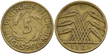 Германия 5 рейхспфеннигов 1925 G J.316, KM 39 алюминиевая бронза    4598-1163