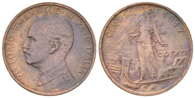 Италия 1 чентезимо 1917 Виктор Эммануил III (1900-1946) KM 40 медь 4615-265