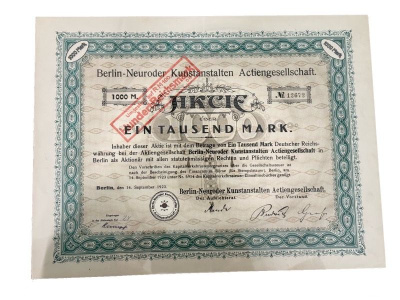 Германия акция в 1000 марок 1923 компании Berlin-Neuroder Kunstanstalten Actiengesellschaft / производство бумажных изделий и фотоматериалов бумага 5555-20