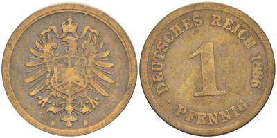 ГЕРМАНИЯ 1 ПФЕННИГ 1886 D, СТАРОГЕРБОВКА KM 1, J. 1, Weege 1 медь 206-1047