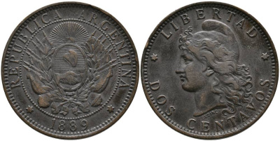 Аргентина 2 сентаво 1889 голова Свободы влево KM 8 бронза 4531-921