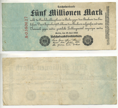 Германия 5000000 марок 1923 25 июля 1923, 5 миллионов марок Pick 95, Ros 94  бумага 434-25-3-1