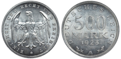 Германия 500 марок 1923 А KM 36, J.305 алюминий UNC 4587-532