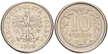 Польша 10 грошей 1998 MW KM 279, Parchimowicz 704e медно-никель 4528-242