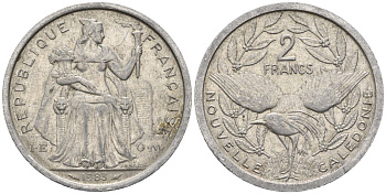 Французская Новая Каледония 2 франка 1983 птица кагу, (IEOM) KM 14, Schoen 11, Lec 63 алюминий    08-1057