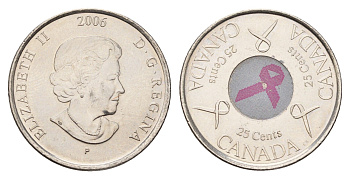 Канада 25 центов 2006 Розовая ленточка - Борьба с раком молочной железы KM 635 сталь плакированная никелем UNC 4678-1152