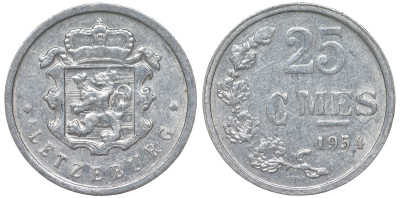 Люксембург 25 сантимов 1954 KM 45a.1 алюминий 4164-351