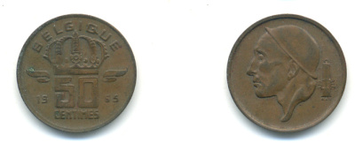 БЕЛЬГИЯ 50 САНТИМОВ 1965 BELGIQUE KM 148.1 бронза 83-346