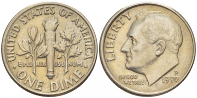 США 10 ЦЕНТОВ = 1 ДАЙМ 1990 P, РУЗВЕЛЬТ KM 195a медь плакированная медно-никелем 214-715