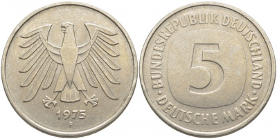 ФРГ 5 марок 1975 F, монетный двор Штутгарт КМ 140.1, J. 415 медно-никель плакированный никелем 109-843