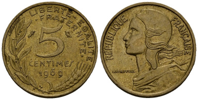 Франция 5 сантимов 1969 KM 933 алюминиевая бронза 4136-744
