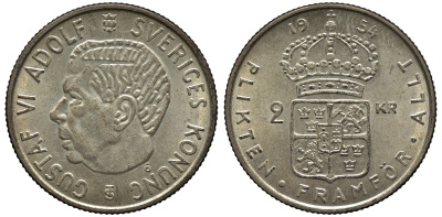 Швеция 2 кроны 1954 TS, Густав VI Адольф (1950-1973) KM 827 серебро 221-543