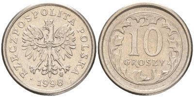 Польша 10 грошей 1998 MW KM 279, Parchimowicz 704e медно-никель 4528-242