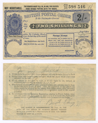 АНГЛИЯ ПОЧТОВОЕ ТРЕБОВАНИЕ НА 2 ШИЛЛИНГА 1944 ВЫПУШЕН 28 ИЮЛЯ 1944 ГОДА СТАФФОРД, БЕЗ ОТМЕТКИ О ГАШЕНИИ бумага 7214-17-3