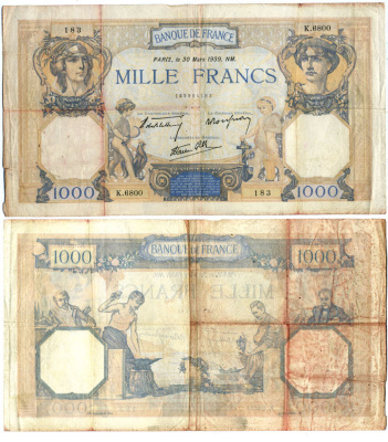 ФРАНЦИЯ 1000 ФРАНКОВ 1939 30 МАРТА 1939 Pick 90с бумага 444-12-1