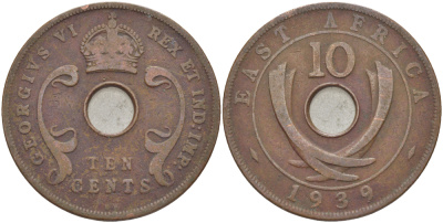 Британская Восточная Африка 10 центов 1939 Георг VI (1936-1952) KM 26.1 бронза 3333-1142