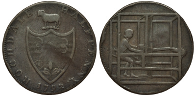 ИРЛАНДИЯ 1/2 ПЕННИ 1792 LANCASHIRE ТОКЕН ROCHDALE, ПУСТЬ ПРОЦВЕТАЮТ РЕМЕСЛА , ТКАЧ медь 441-225