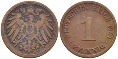 ГЕРМАНИЯ 1 ПФЕННИГ 1901 A KM 10, J. 10, Weege 2 медь 211-257