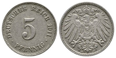 Германия 5 пфеннигов 1911 J KM 11, Jager 12, Weege 6 медно-никель 4380-142